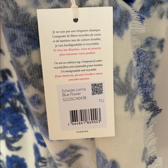 Sezane Lorina Floral Blue and Cream Scarf - Picture 5 of 5